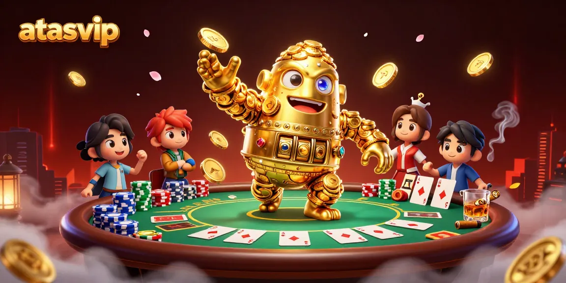 Experience thrilling gameplay at atasvip with an ancient golden golem surrounded by poker elements in a vibrant scene.