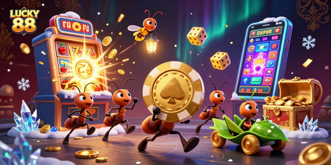 Experience LUCKY 88 as cartoon ants carry a giant poker chip through a vibrant casino scene.