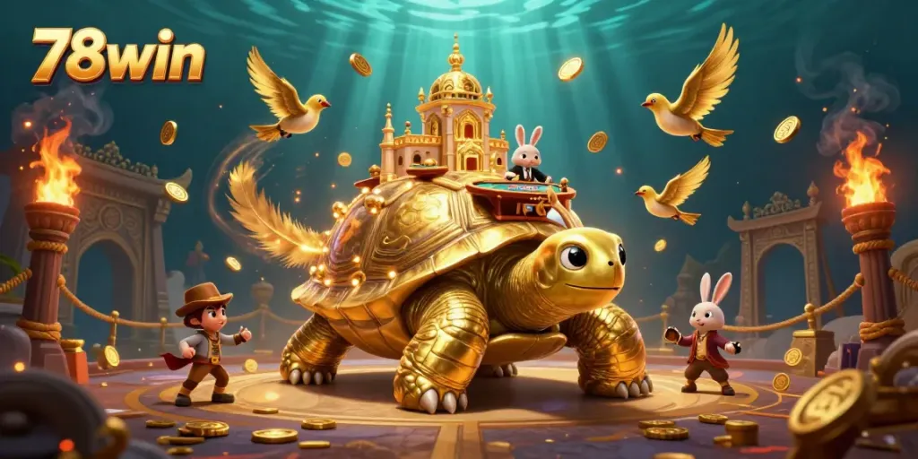 Experience the thrilling adventure of 78win with a golden tortoise casino and rabbit dealer amidst flying coins.