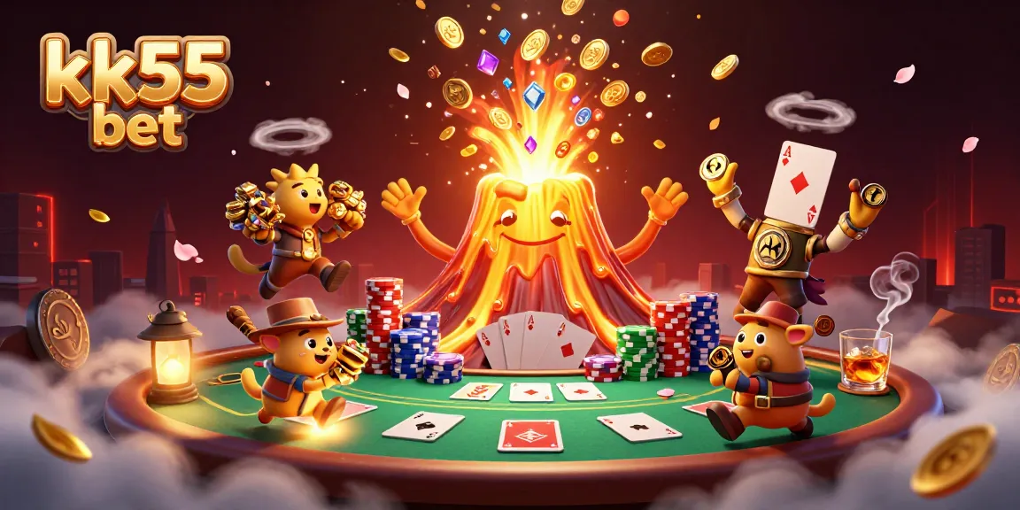 Experience thrilling gambling with kk55 bet in a vibrant 3D illustration featuring a golden volcano and poker elements.