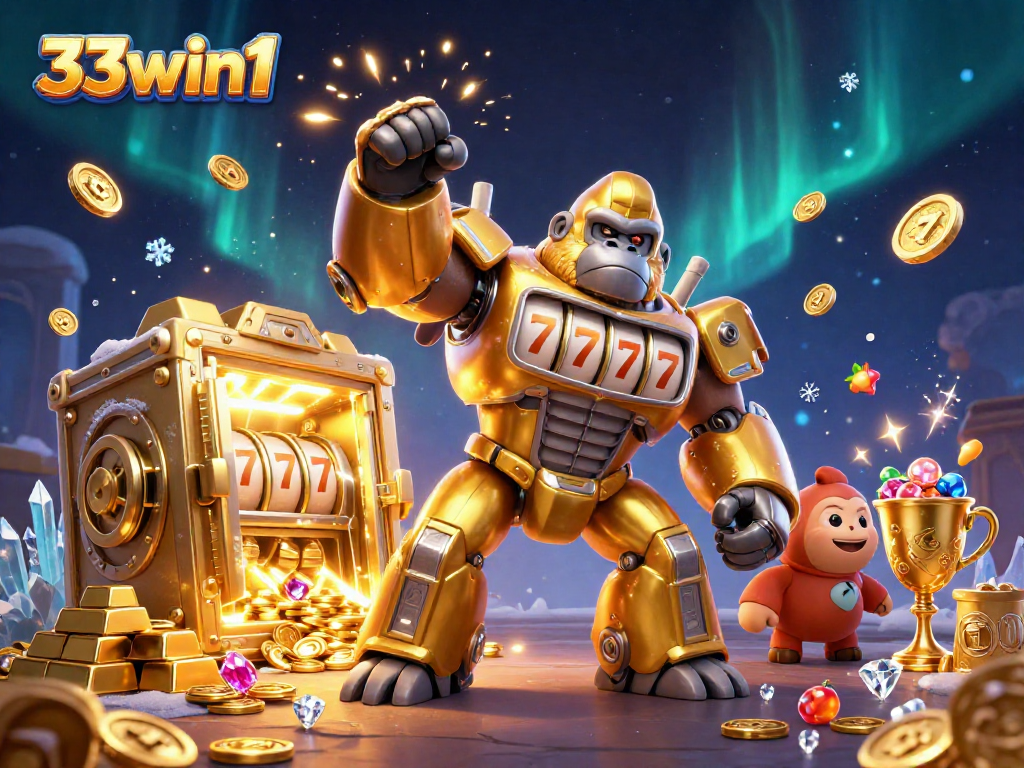 Win big with 33win1! Enjoy a dynamic 3D illustration of casino excitement and jackpots.