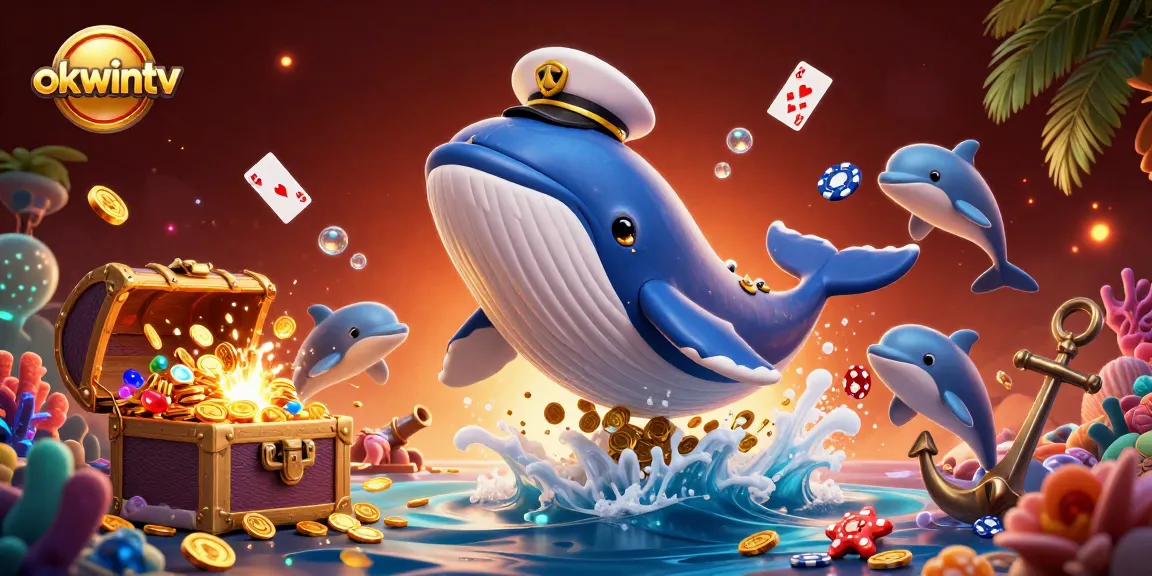 Experience thrilling gameplay with okwintv's dynamic 3D illustration of a whale, narwhal, and dolphins amidst casino elements.