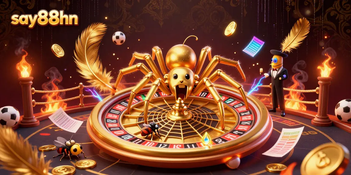 Engage with thrilling bets at say88hn, featuring an animated roulette wheel, vibrant casino elements, and dynamic characters.
