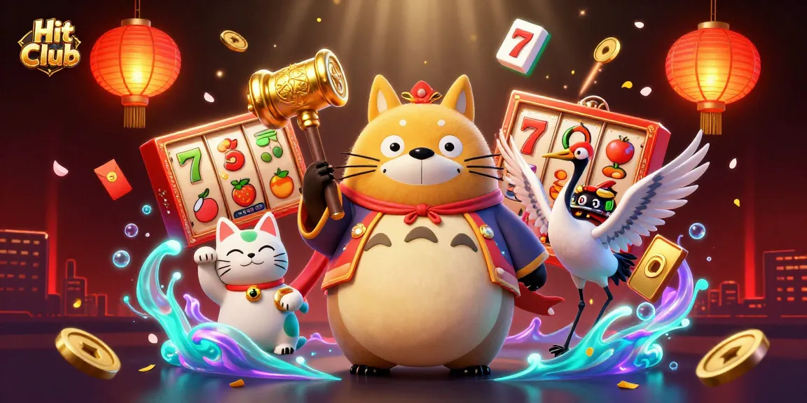 Engage in thrilling gaming adventures at Hit Club with vibrant slot reels and festive characters.