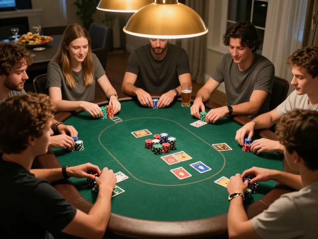 Engaging scene of friends playing Texas Hold'em at home, showcasing the interactive spirit of game 98win.