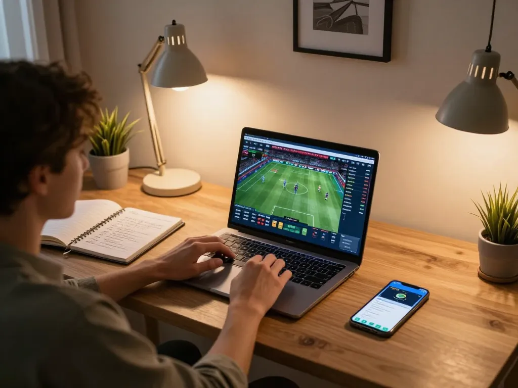 debets23 user engaged in online sports betting on a laptop showcasing live matches