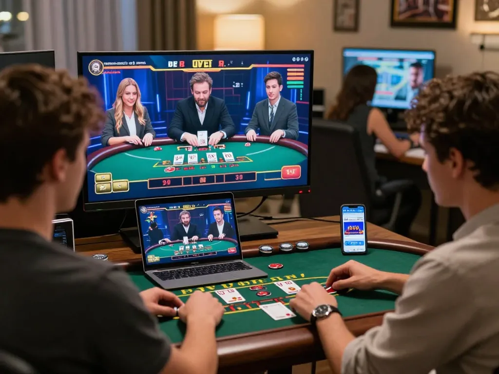 Players enjoying F168 live dealer blackjack on their devices, showcasing thrilling online gaming.
