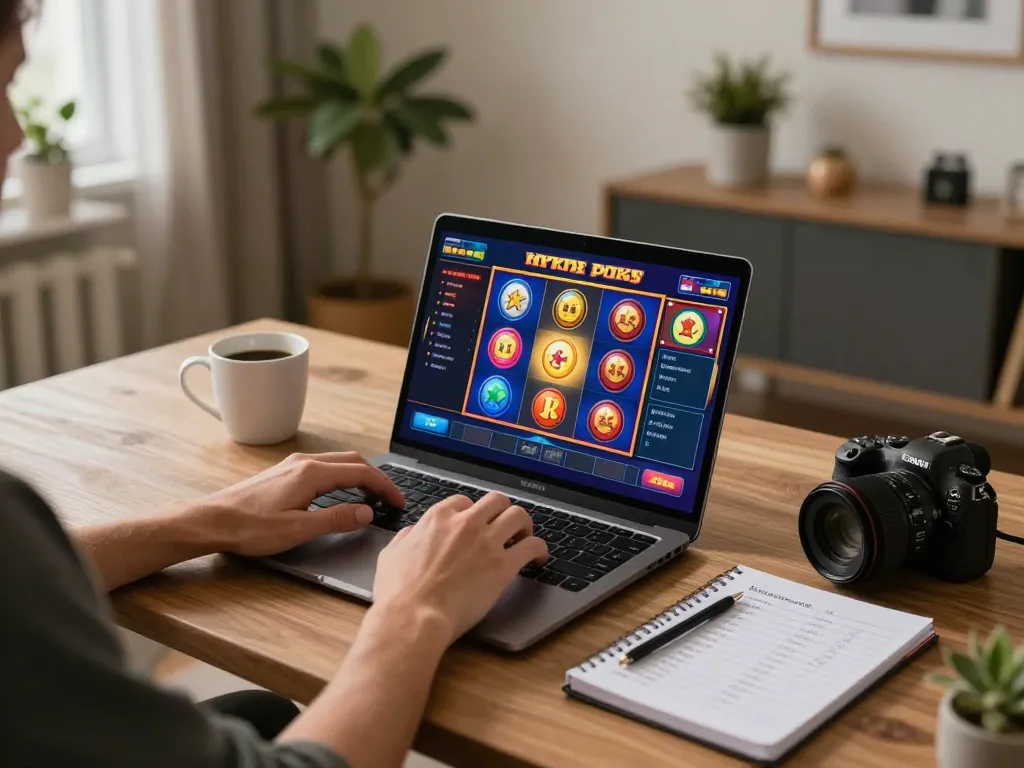 Engaging with payid pokies Australia on a laptop in a cozy home office