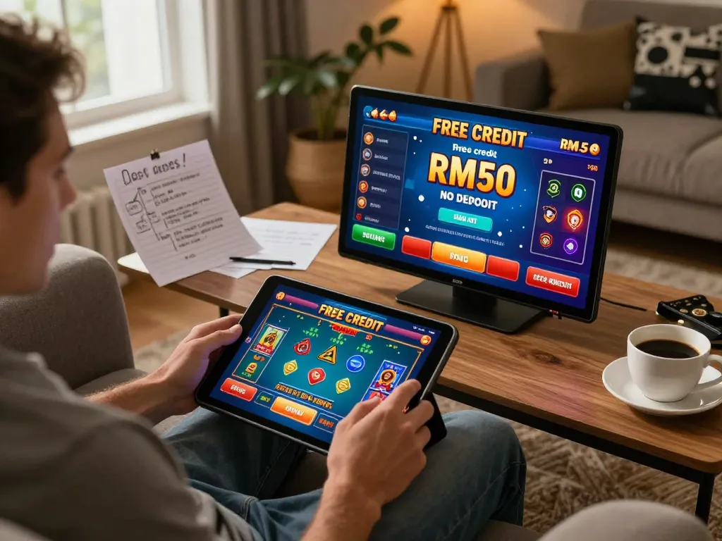 Player enjoying free credit RM50 no deposit while gambling online on a tablet in a cozy living room, showcasing an engaging and responsible gaming atmosphere.