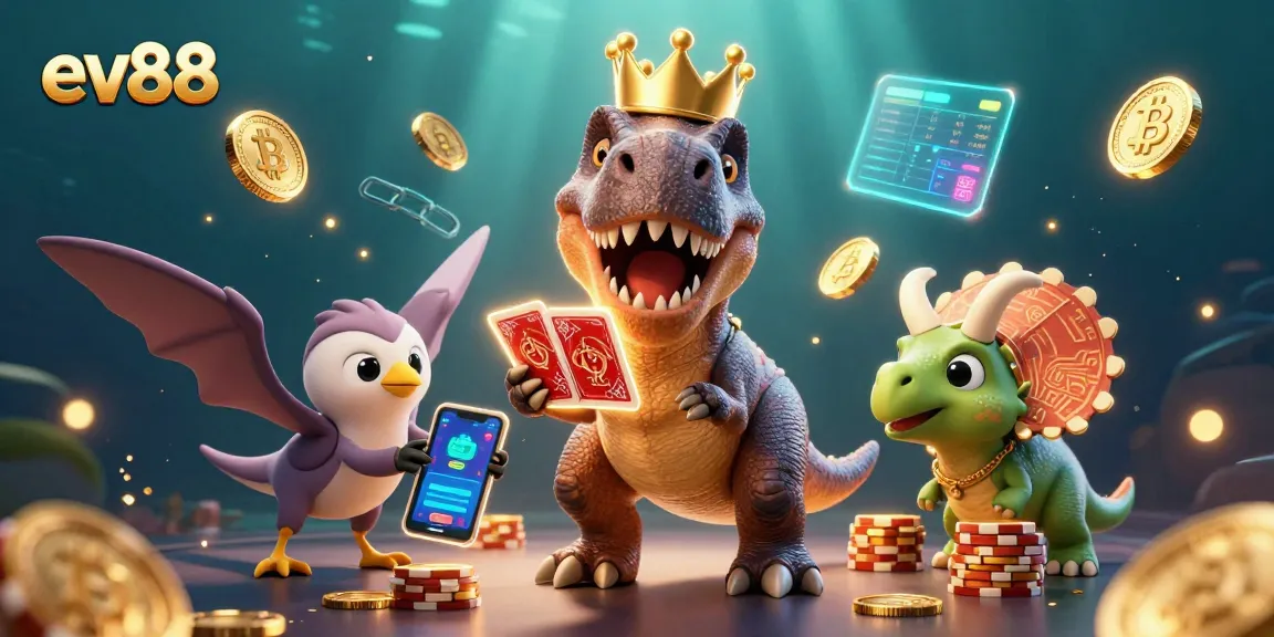 Join the excitement at ev88 with a T-Rex shuffling cards, a pterodactyl assistant, and a triceratops stacking chips.