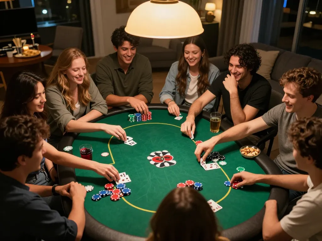Friends enjoying a lively poker night at home with okfun poker chips and competitive atmosphere.