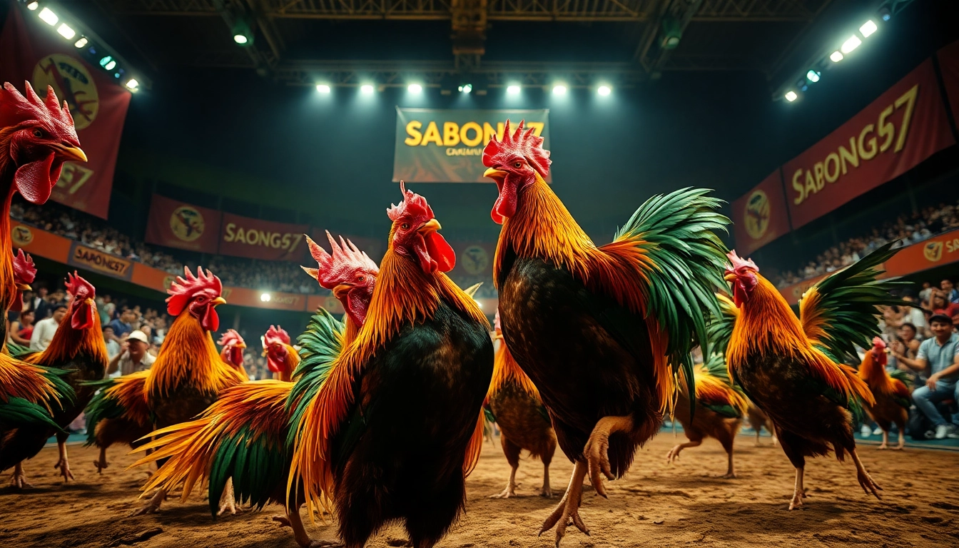 Exciting live cockfighting event at Sabong67.ac with colorful roosters and an enthusiastic audience.