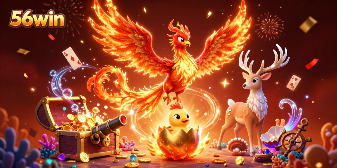 Players enjoying the thrill of 56win with a vibrant phoenix soaring over treasure and games.