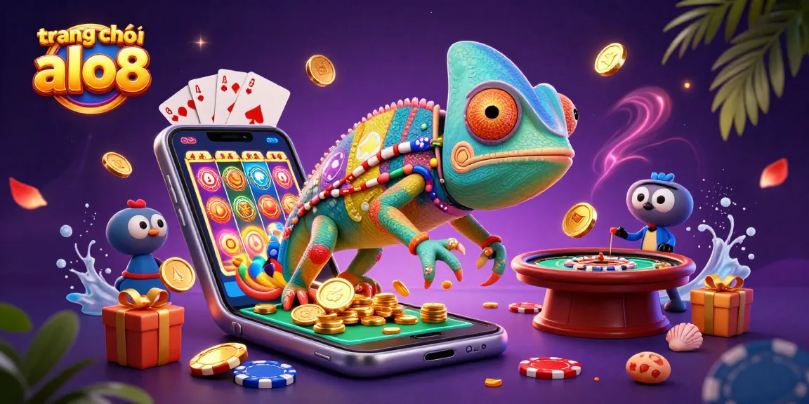 Play games on trang chủ alo8 with a chameleon casino owner amidst gold coins and vibrant casino elements.