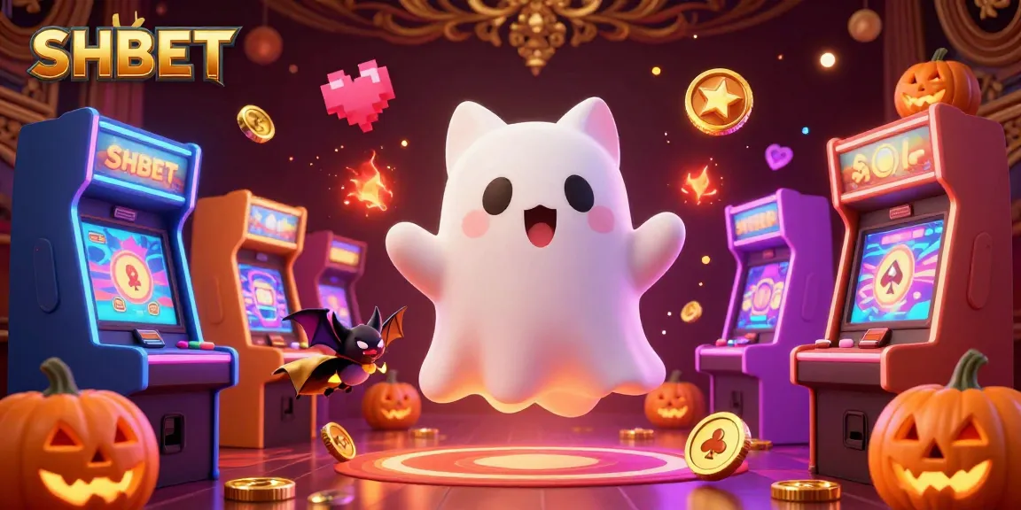 Experience the thrill of SHBET with a friendly ghost cat and vibrant arcade elements in this lively casino scene.