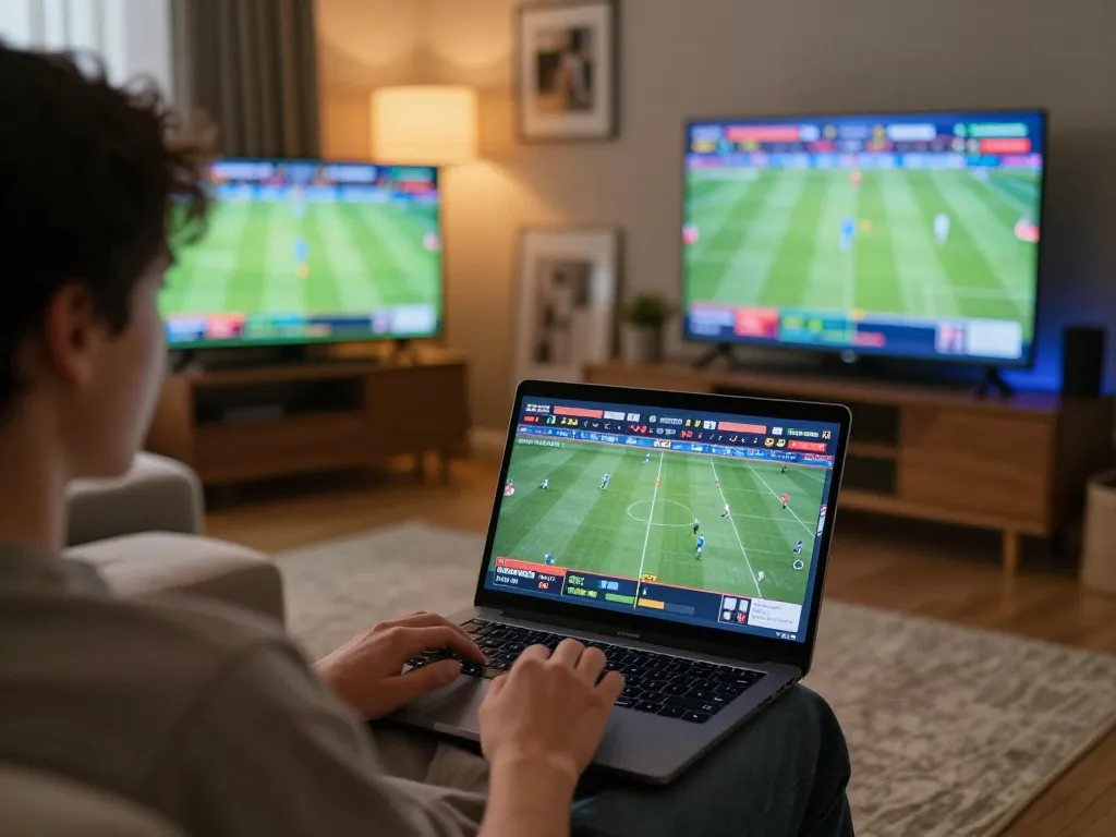 Person analyzing sports odds on PHPVIP in a cozy home betting setup, capturing live game excitement