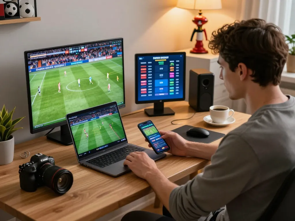 Xem truc tiep bong da on a laptop while placing bets on a smartphone in a cozy home office
