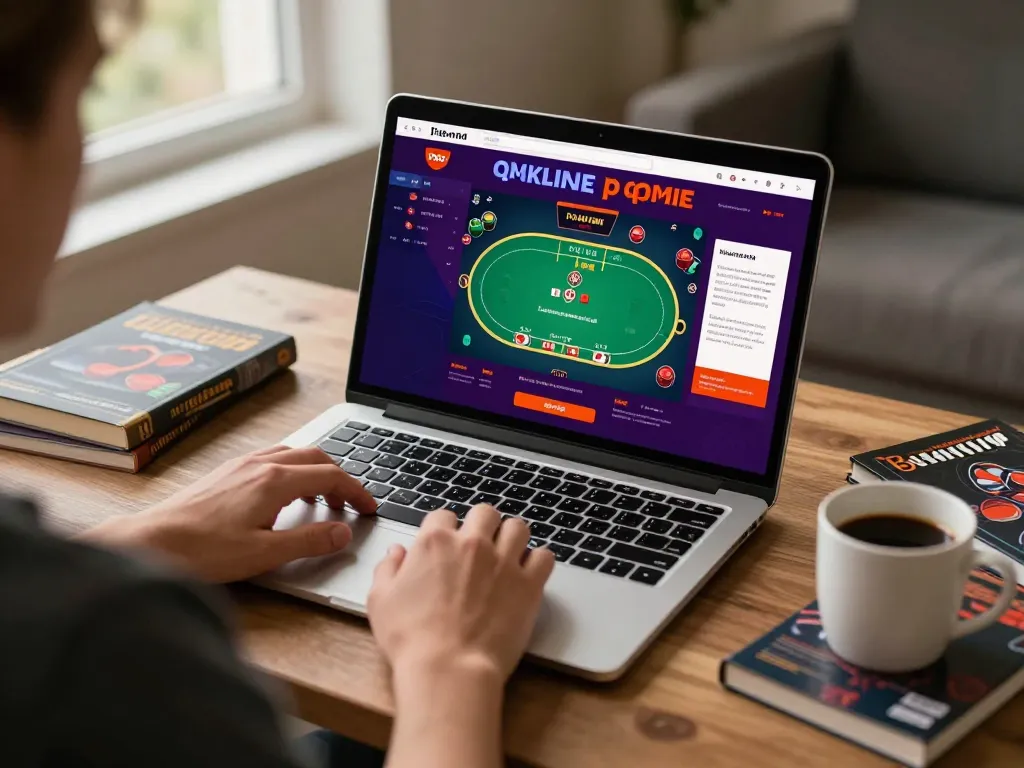 va88 user enjoying online poker game on laptop with strategic notes at home