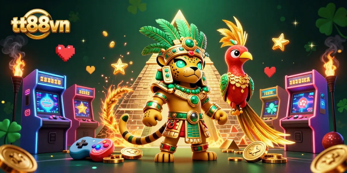 Spin the reels at tt88vn with an engaging Mayan-themed casino illustration.
