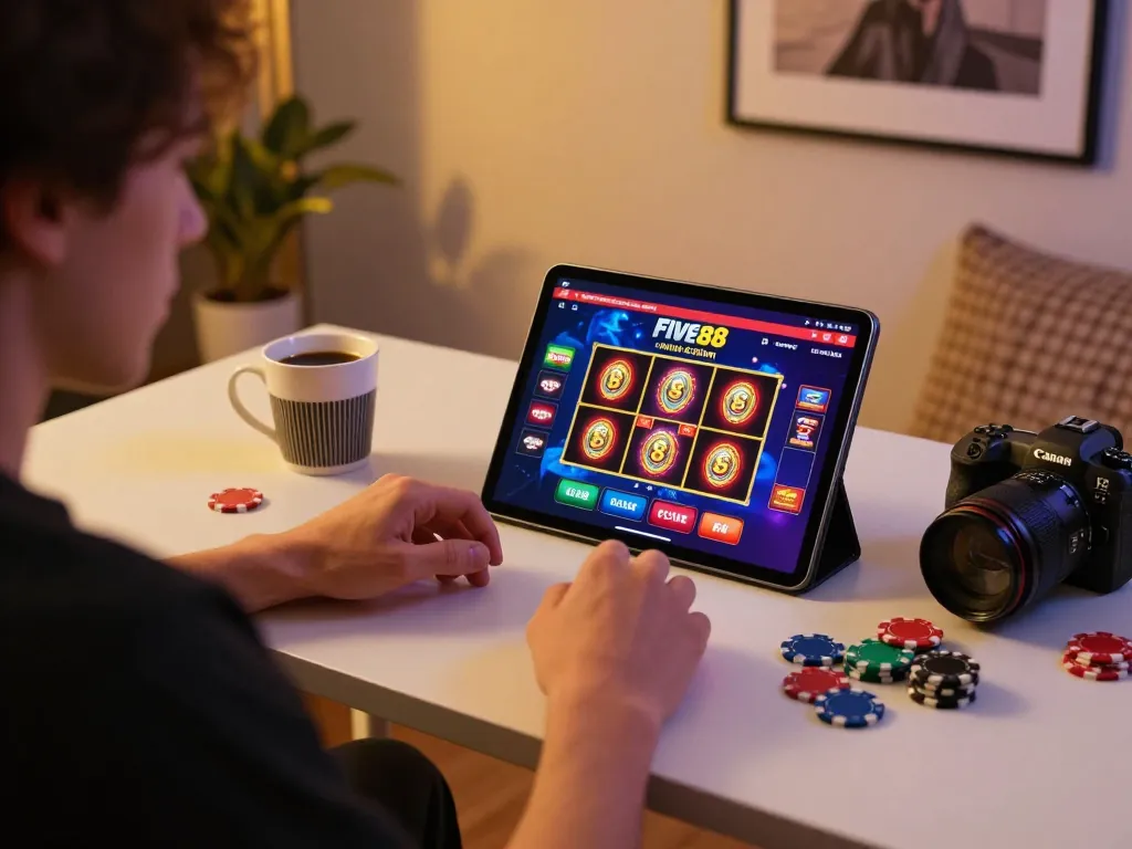 Engaging gaming moment at five88 online casino showcasing a player immersed in action on a tablet with vibrant slot graphics.