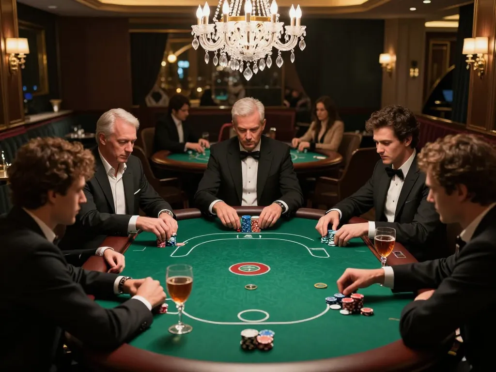 Players engaging in a high-stakes poker game at Sky88's elegant lounge.