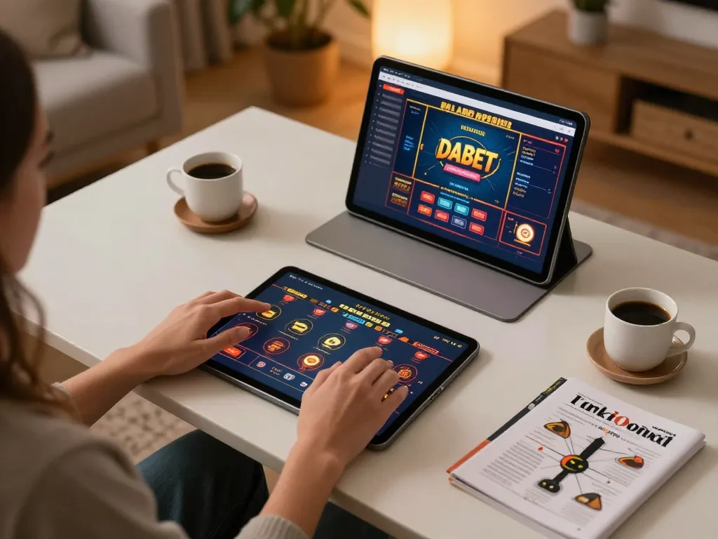 Dabet user playing casino games on a tablet, engaging in responsible gaming.