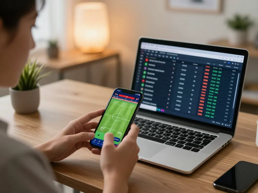 Engaging sports betting moment at home showcasing five88bc strategies on smartphone and laptop