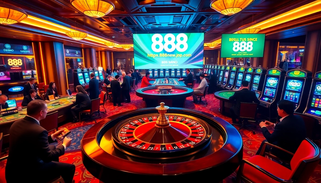 Experience thrilling gaming action at https://888new.jpn.com/ with a vibrant casino scene featuring poker and roulette.