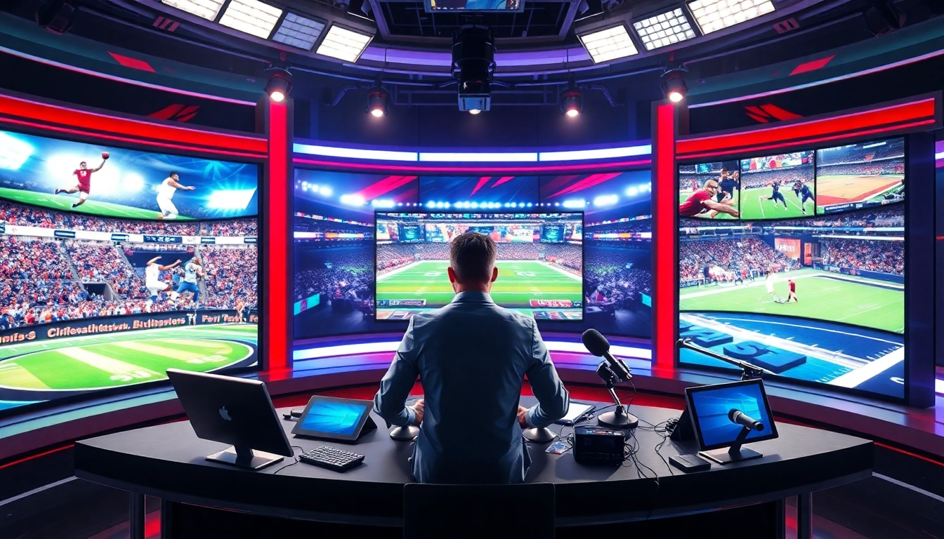 Engaging sports broadcasting studio with an anchor presenting live games and modern technology.
