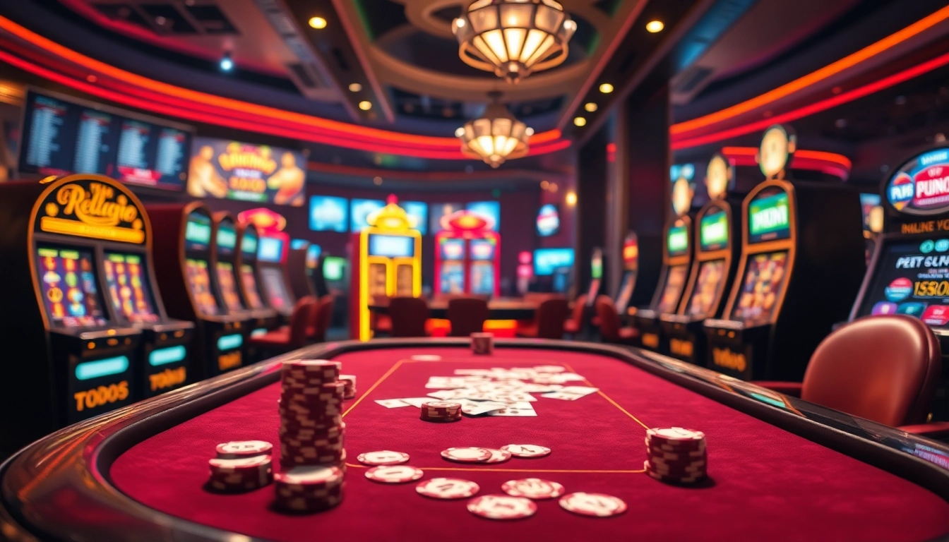 Players enjoying a thrilling game at nhà cái rr88's luxurious casino setting with vibrant slot machines.