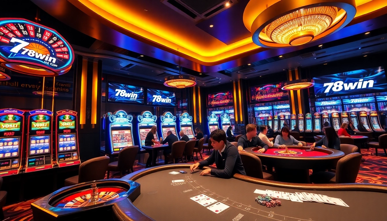 Engaging gamblers at a lively table in a 78win Com casino, showcasing excitement and luxury.