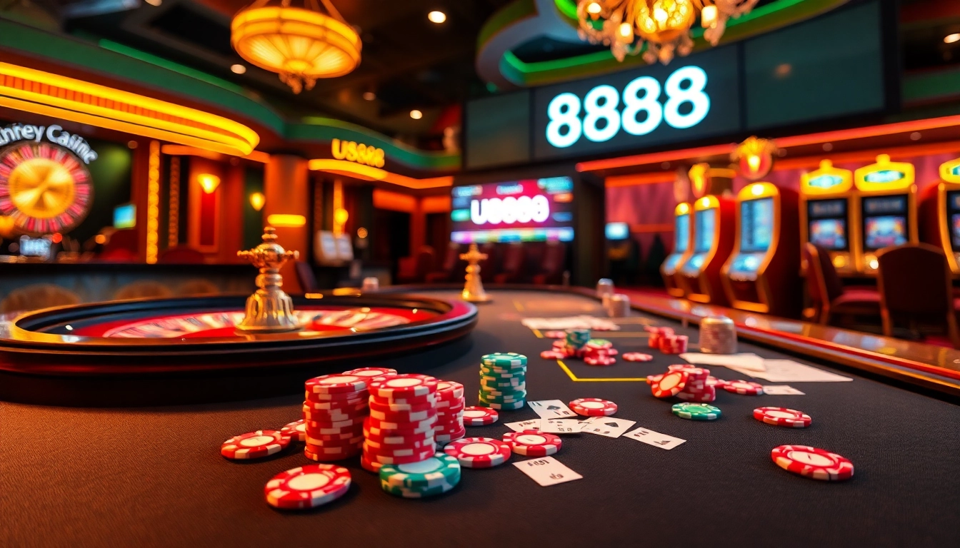 Players enjoying exciting games at U8888 casino with vibrant atmosphere and tables.
