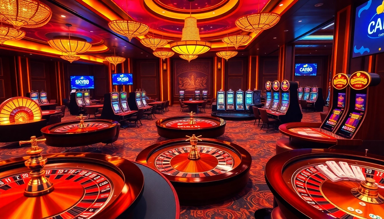 Players enjoying an exciting gambling experience at a luxurious casino setting featuring https://sky88.tel/ branding.