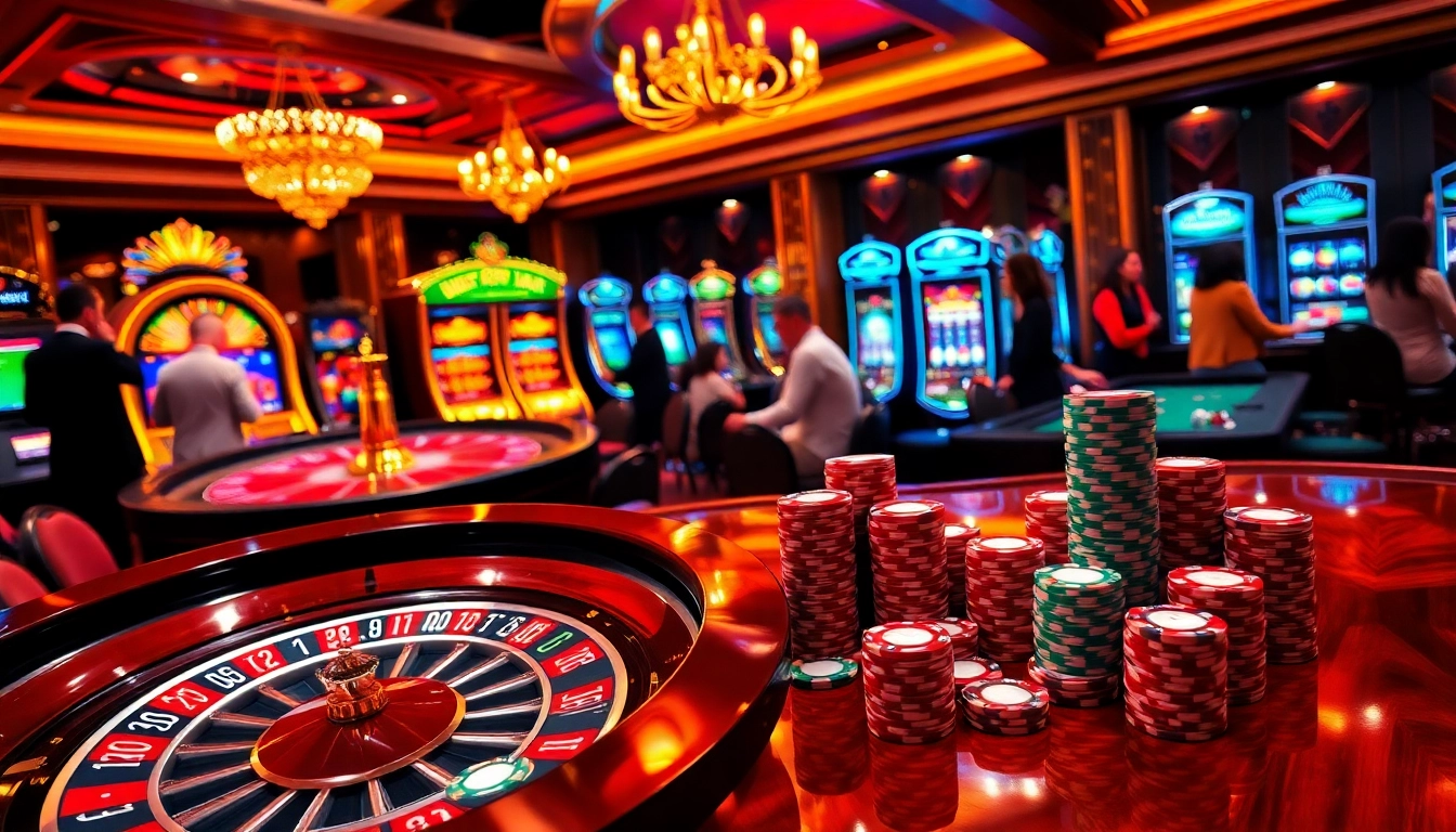 Experience the thrill of gaming at https://8live.date/, featuring an elegant roulette setup and vibrant slot machines.