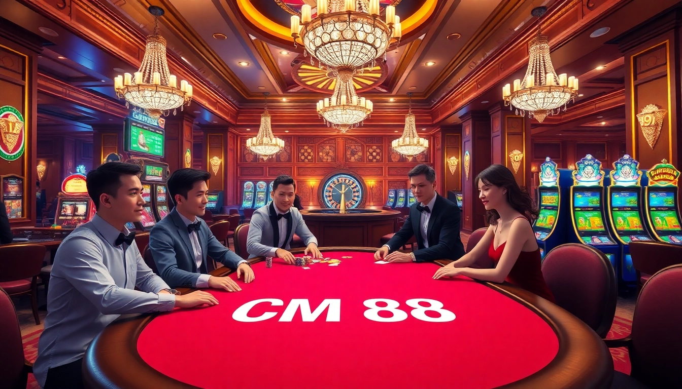 Players enjoying poker at a casino table marked CM 88 with colorful chips and cards.